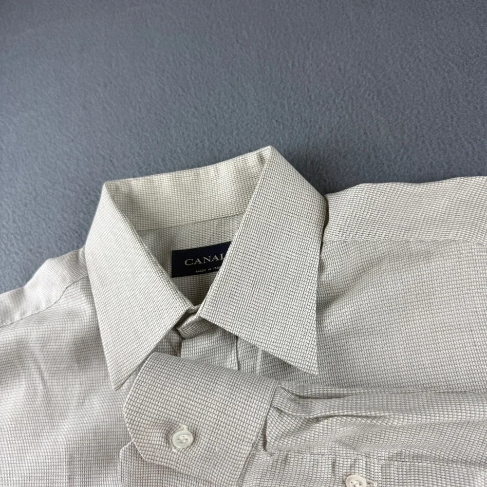 Canali Dress Shirt Men's 15.5 39 Beige Italy Microcheck Spread Collar Luxury